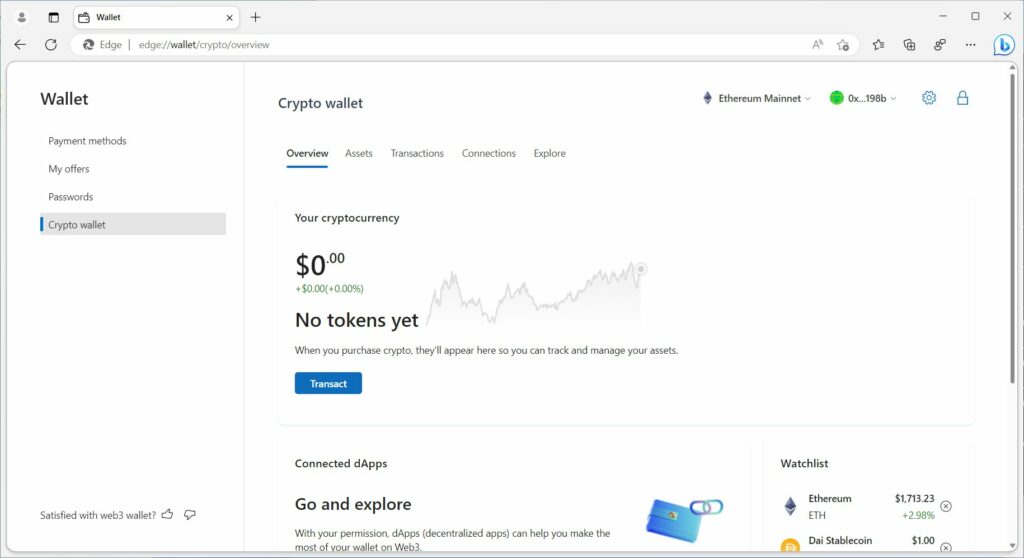 Solde Wallet crypto Microsoft Edge