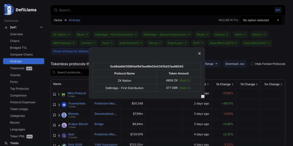 DeFi Llama airdroppable Protocols