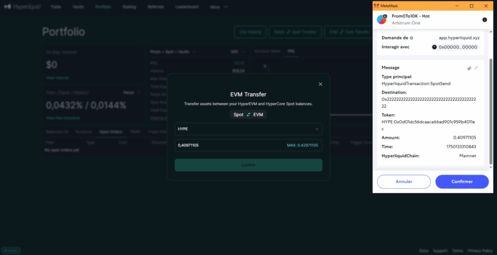 Signer transaction transfert HyperEVM